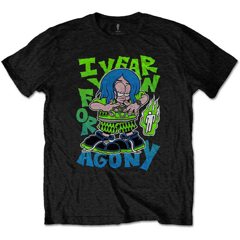 Black Billie Eilish t-shirt with cartoon graphic and green text.