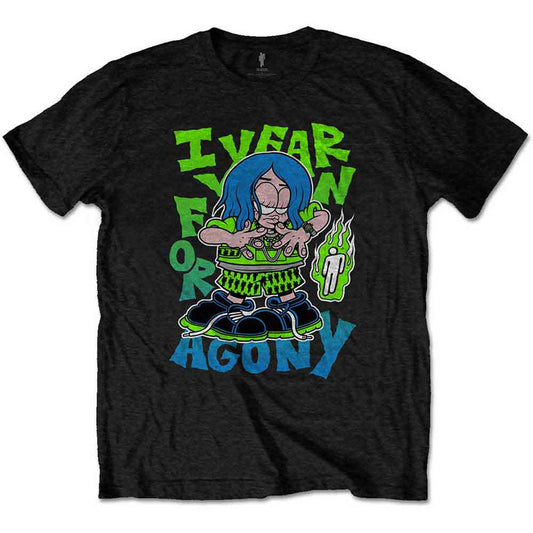 Black Billie Eilish t-shirt with cartoon graphic and green text.