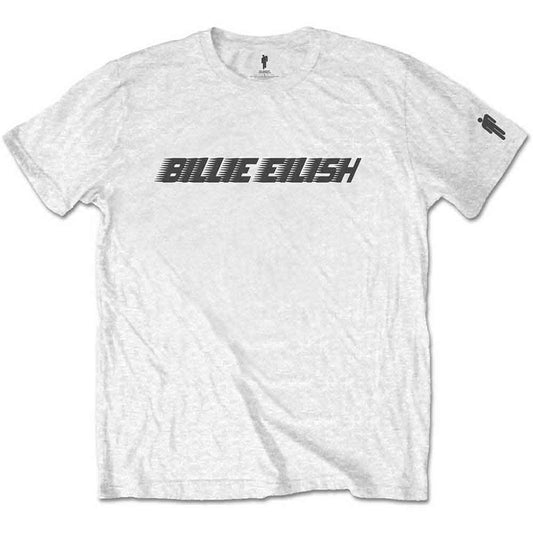 Girl wearing a white Billie Eilish t-shirt with racer logo.