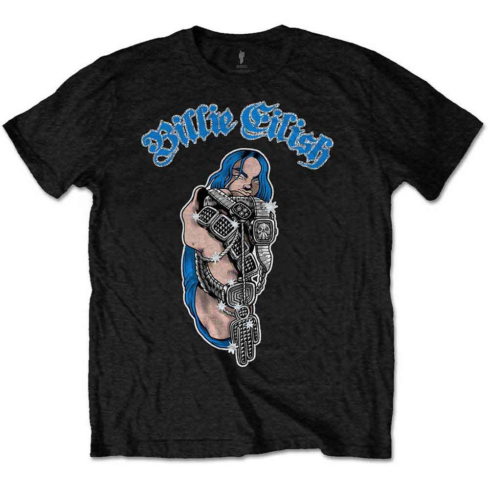 Girl wearing a white Billie Eilish t-shirt with a glitter print.
