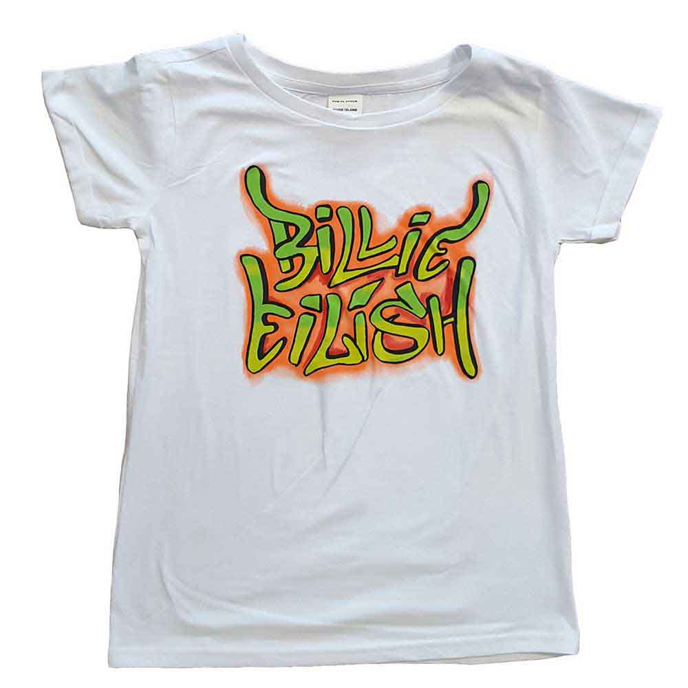 Girl's skinny fit Billie Eilish t-shirt with colorful graffiti design.