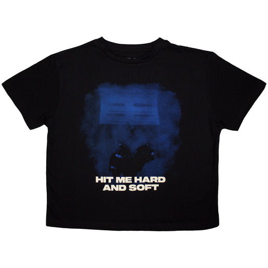 Black Billie Eilish crop top with blue and white graphic print.
