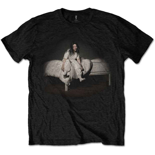 Black t-shirt featuring Billie Eilish sitting on a bed in a white outfit.