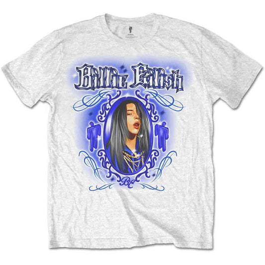 White t-shirt with blue graphic of Billie Eilish worn by a model.
