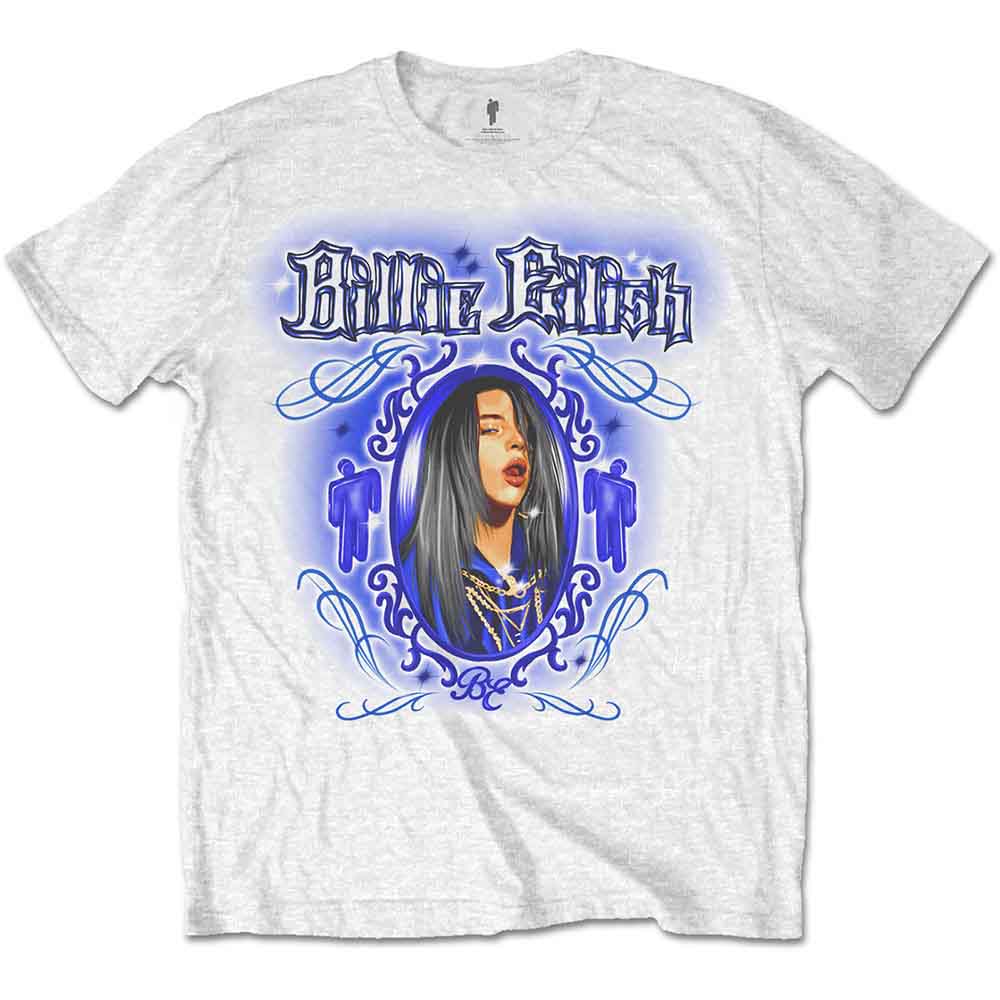 White t-shirt with blue graphic of Billie Eilish worn by a model.