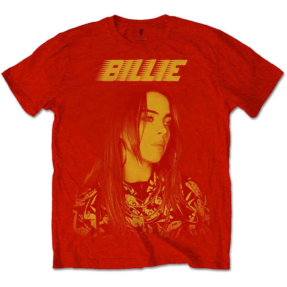 Red t-shirt with Billie Eilish portrait and logo graphic.
