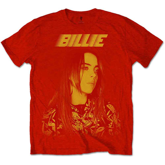 Red t-shirt with Billie Eilish portrait and logo graphic.