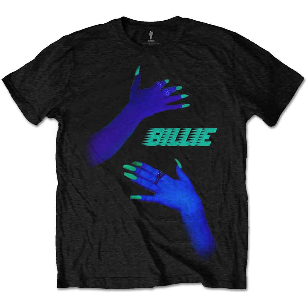 Black t-shirt with graphic of green hands and "Billie" text.