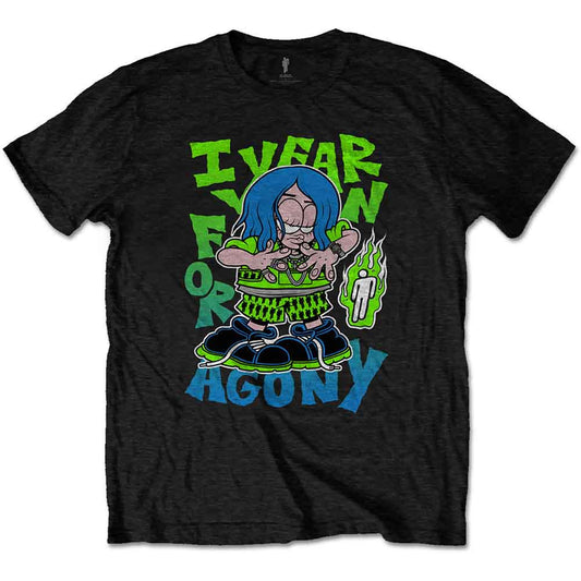 White t-shirt with cartoon image of Billie Eilish in green text.
