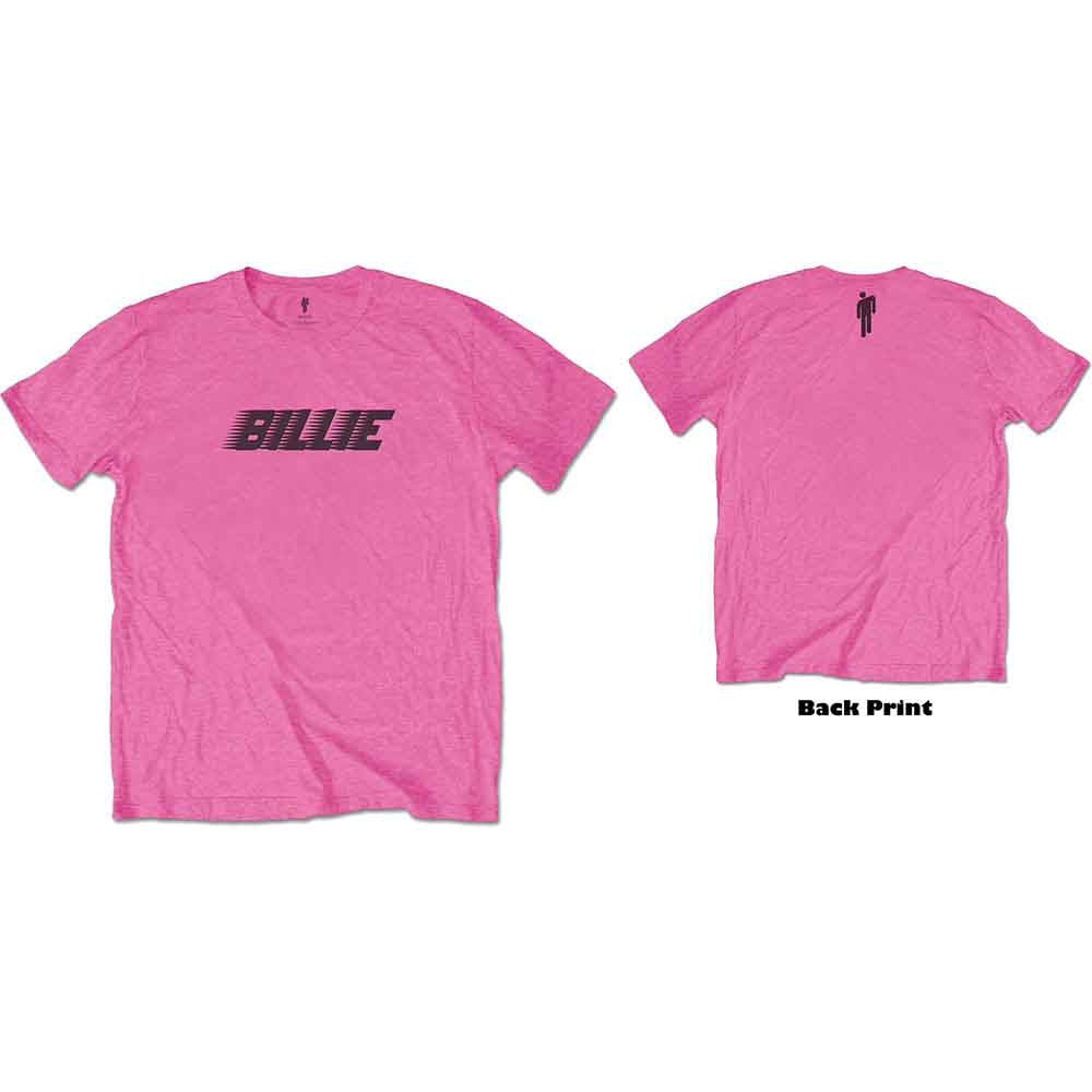 Red t-shirt with black "Billie" logo, worn by a person.