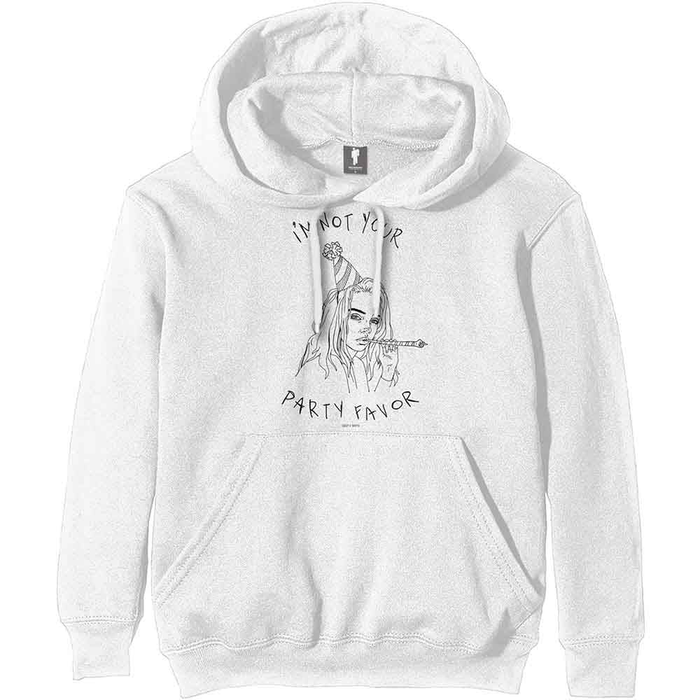 Black Billie Eilish hoodie with a party favor graphic and kangaroo pocket.