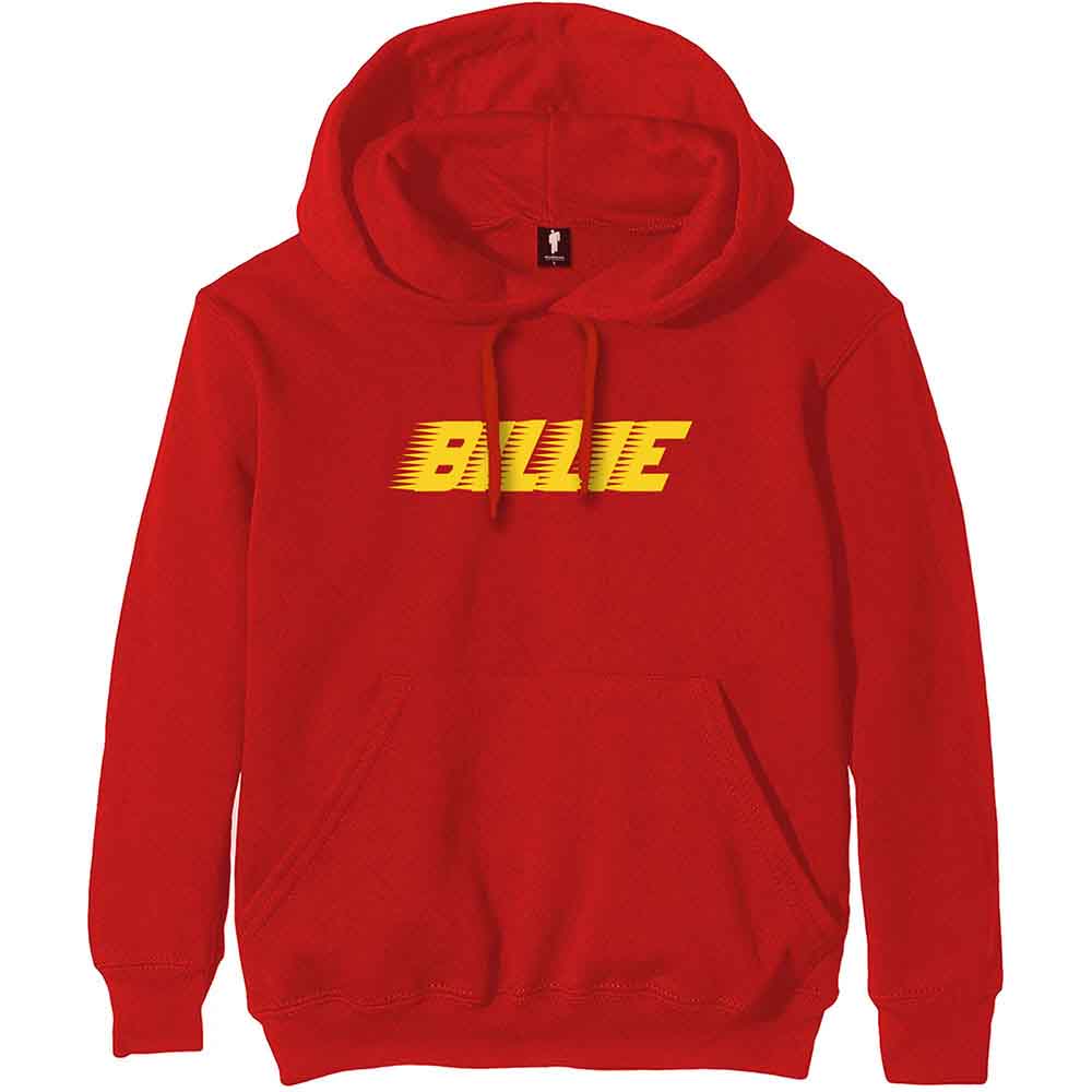Red pullover hoodie with yellow Billie logo featuring a motion blur effect.