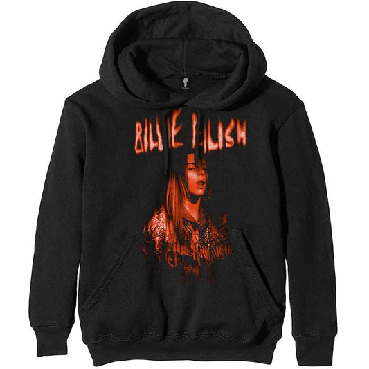 Black hoodie with a large graphic of Billie Eilish’s face.