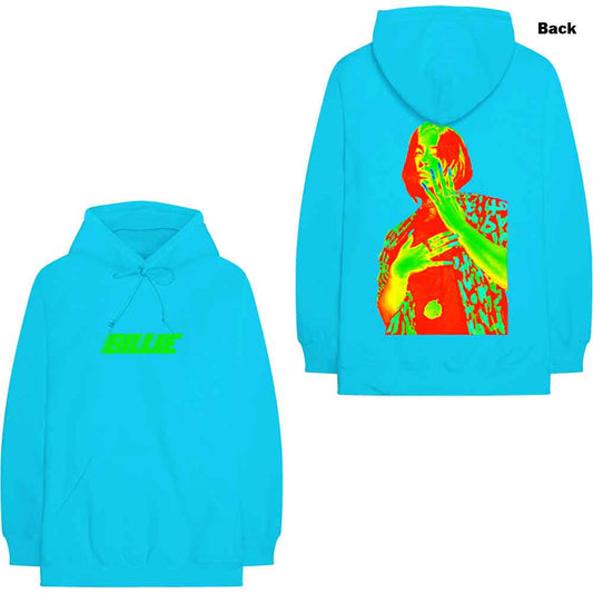 Neon blue pullover hoodie with a lime green Billie Eilish logo on the chest.