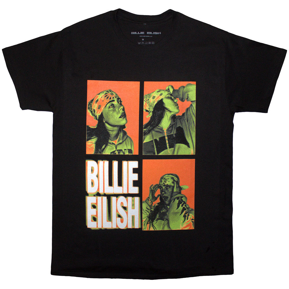 Black unisex t-shirt featuring a Billie Eilish logo with three small portrait photos.