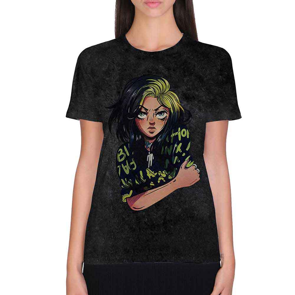 Large dip-dye t-shirt featuring anime-style artwork of Billie Eilish.