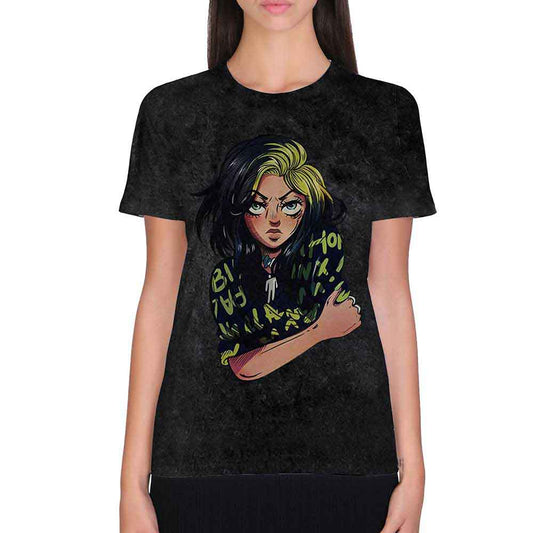 Large dip-dye t-shirt featuring anime-style artwork of Billie Eilish.