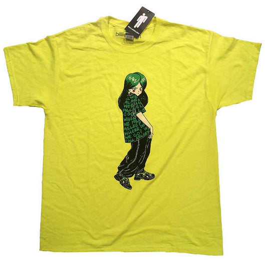 Bright green t-shirt with anime-style illustration of Billie Eilish.