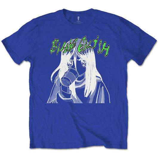 Blue t-shirt with anime-style Billie Eilish graphic holding a drink.