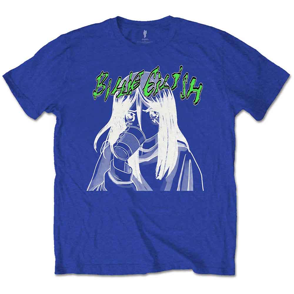 Blue t-shirt with anime-style Billie Eilish graphic holding a drink.