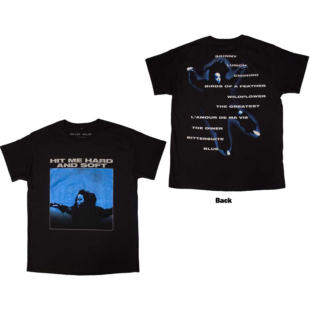 Black unisex t-shirt with Billie Eilish album tracklist printed on the back.