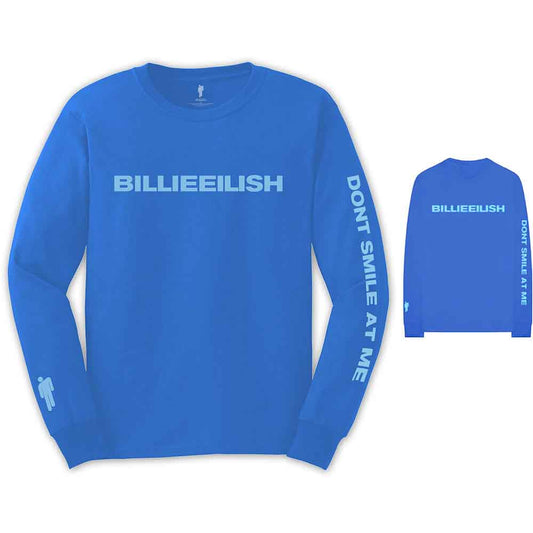 Blue long-sleeved Billie Eilish t-shirt with text and logo details.