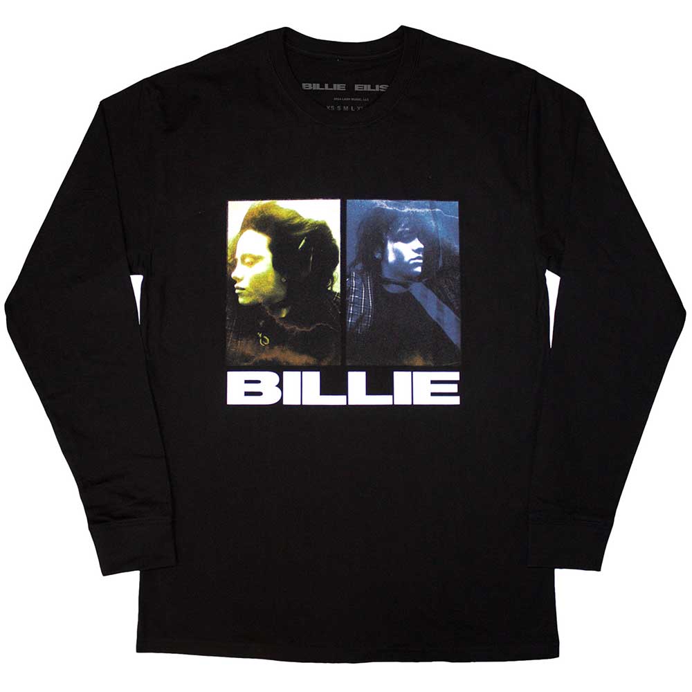 Black long sleeve t-shirt with split image of Billie Eilish.