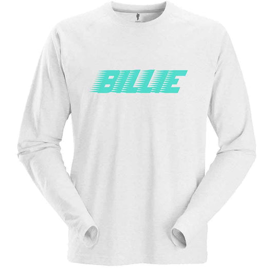 Gray long-sleeved t-shirt with teal “Billie” logo across the chest.