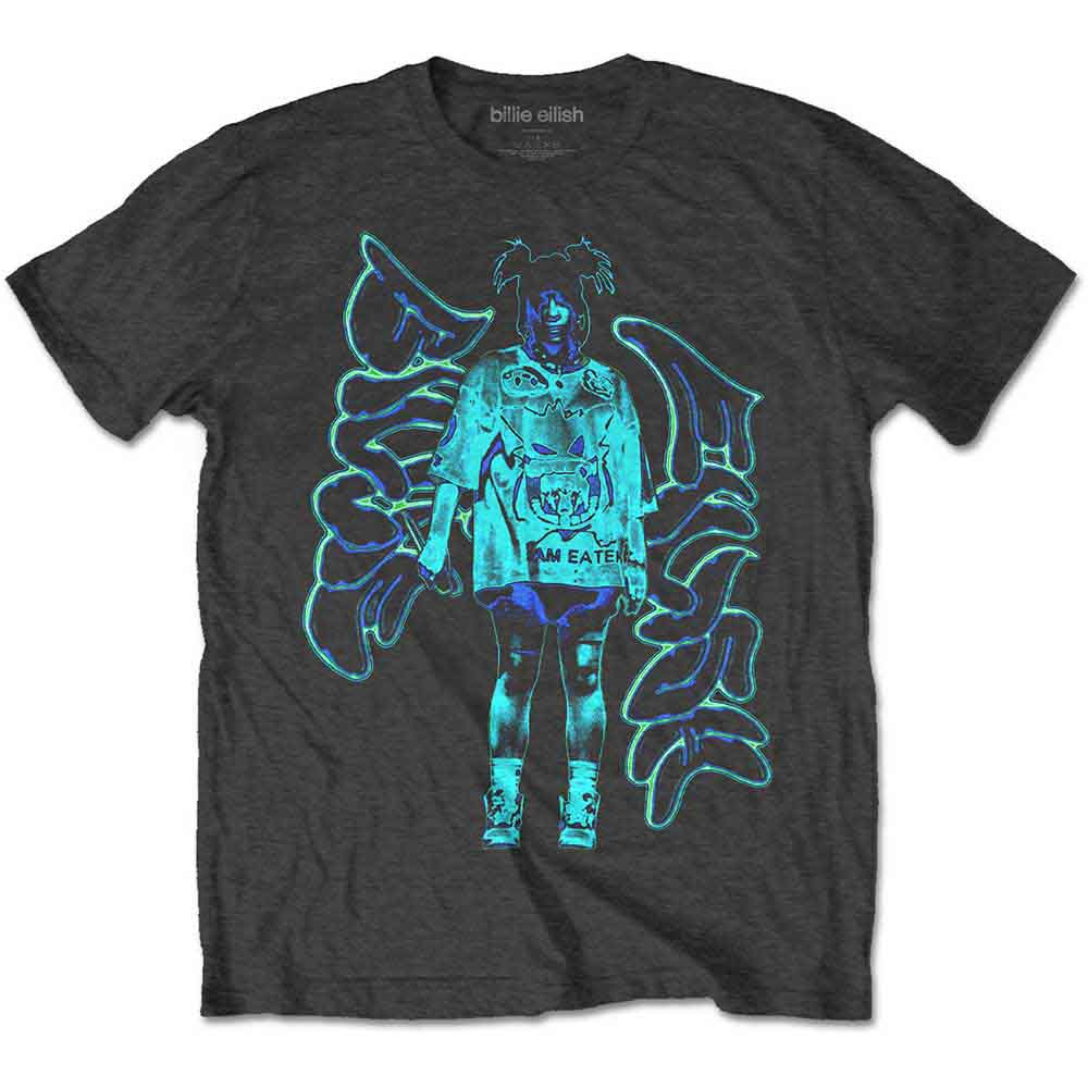 Large black t-shirt with neon graffiti-style Billie Eilish logo print.