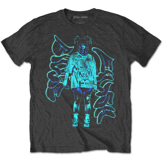 Large black t-shirt with neon graffiti-style Billie Eilish logo print.