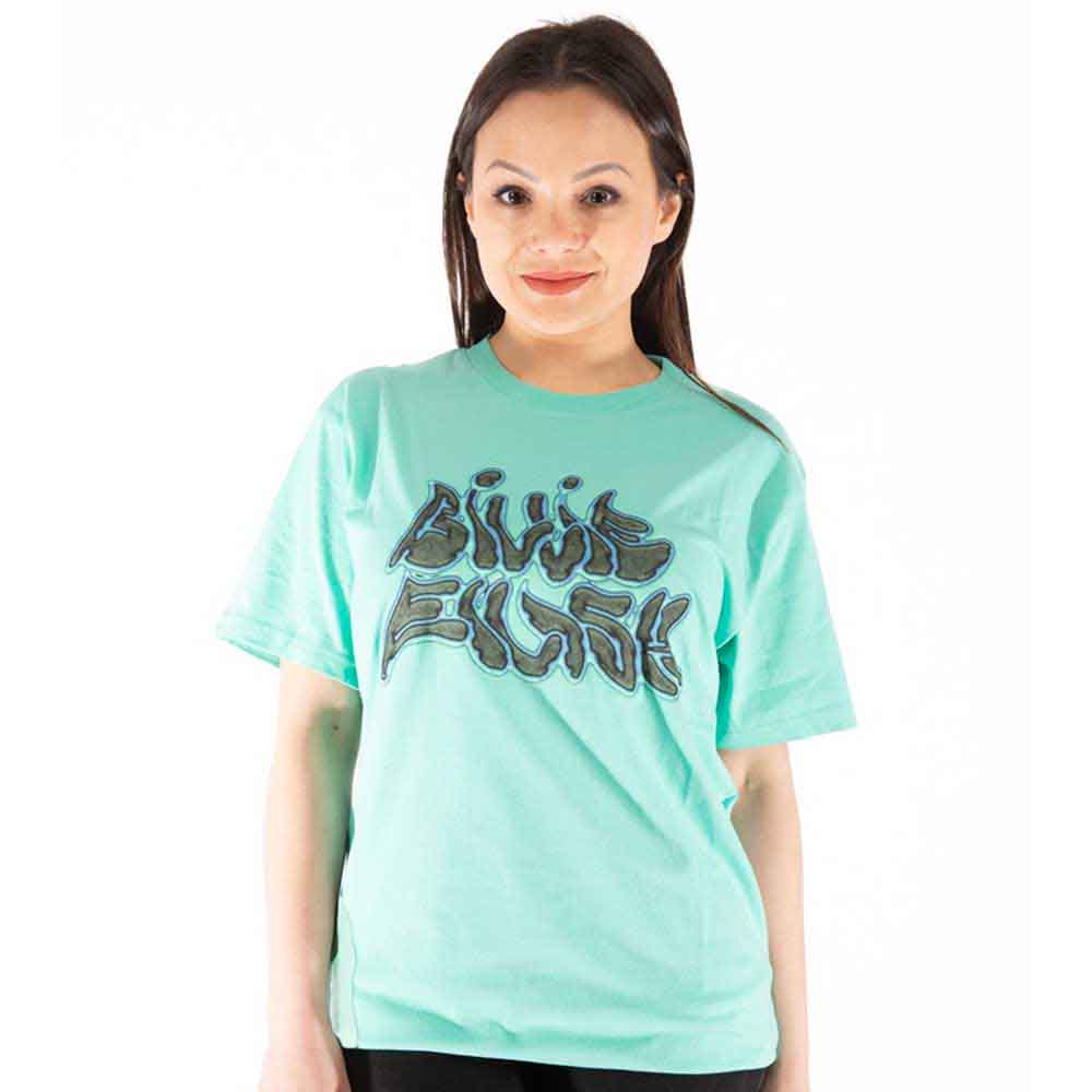 Black unisex t-shirt featuring a neon-colored Billie Eilish logo printed on the back.