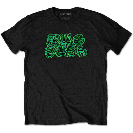 Black t-shirt with small, neon green Billie Eilish logo on the chest.