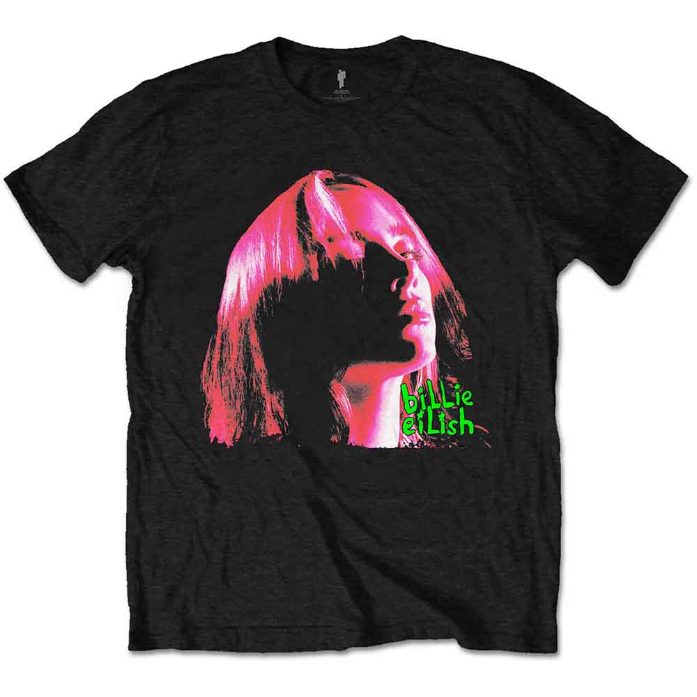 Man wearing a black t-shirt with a neon pink Billie Eilish graphic.