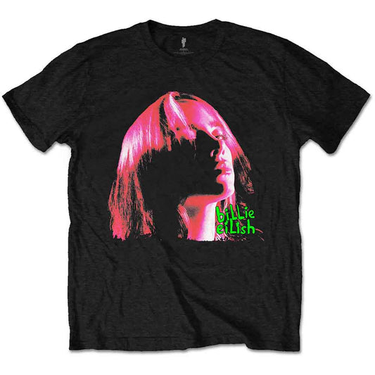 Man wearing a black t-shirt with a neon pink Billie Eilish graphic.