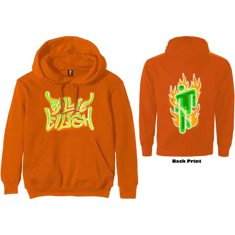Black hoodie with orange and yellow flame and "Billie Eilish" graphic.
