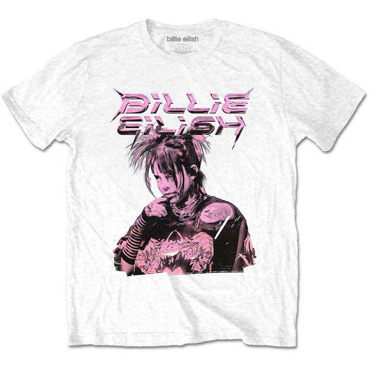 Purple illustration of Billie Eilish on a small, unisex t-shirt.