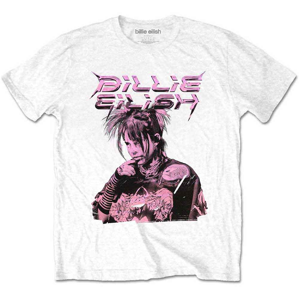 Purple illustration of Billie Eilish on a small, unisex t-shirt.