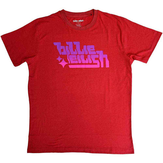 A purple Billie Eilish logo printed on the front of a black unisex t-shirt.