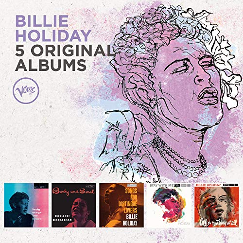 Billie Holiday illustration with text and five small album covers at the bottom.