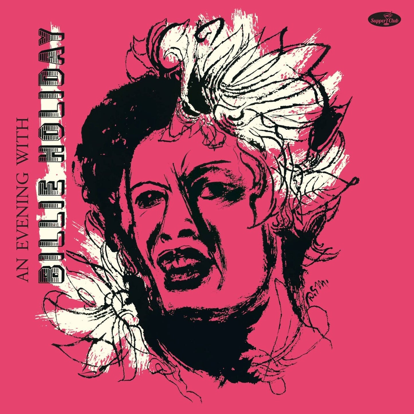Billie Holiday portrait on a pink album cover with white text and feathers.