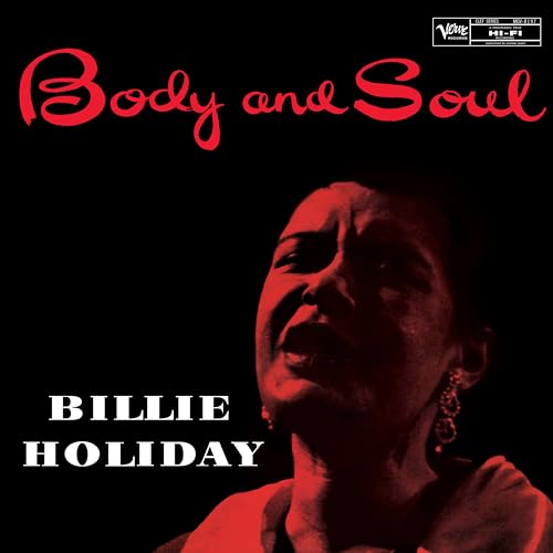 Billie Holiday album cover, red text, black background, portrait view.