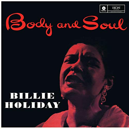 Billie Holiday album cover with red-tinted portrait against a black background.