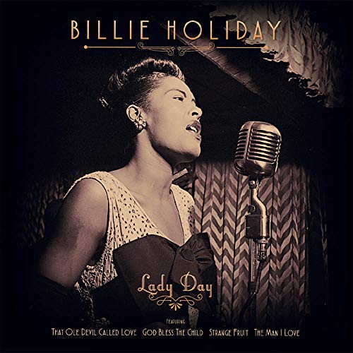 Billie Holiday singing into a vintage microphone, album cover art.