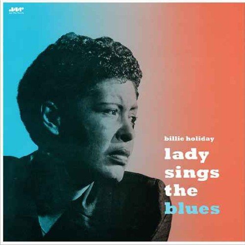 Black and white portrait of Billie Holiday against a blue and orange gradient background.