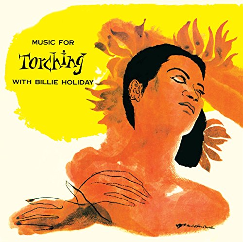 CD cover: Billie Holiday portrait with fiery orange and yellow abstract art.