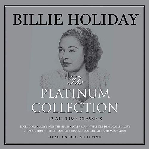 Billie Holiday’s “Platinum Collection” album cover, grayscale portrait.