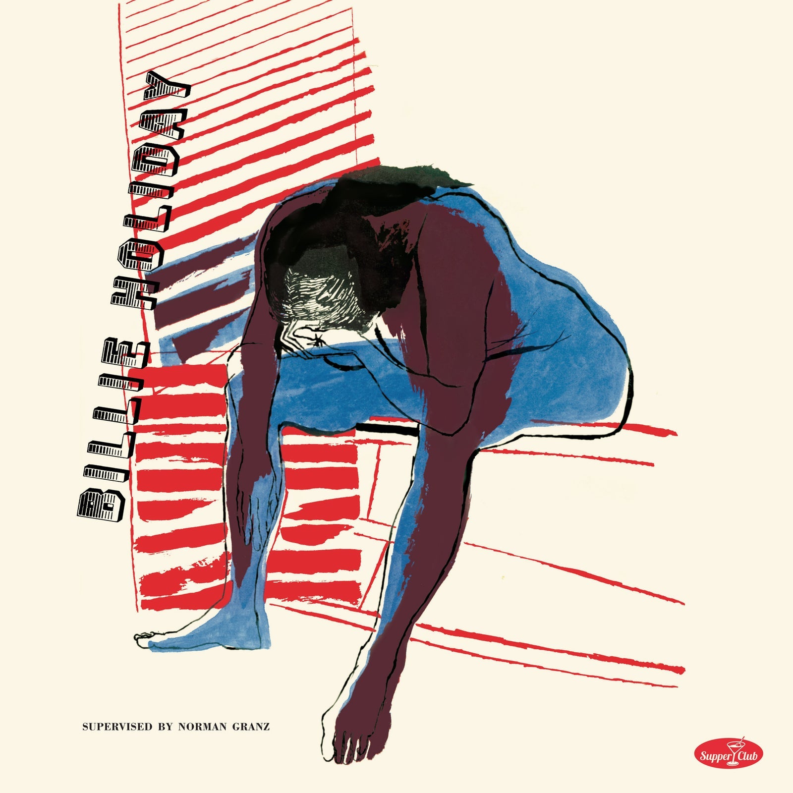 Stylized illustration of a seated figure in blue and dark purple against red stripes.