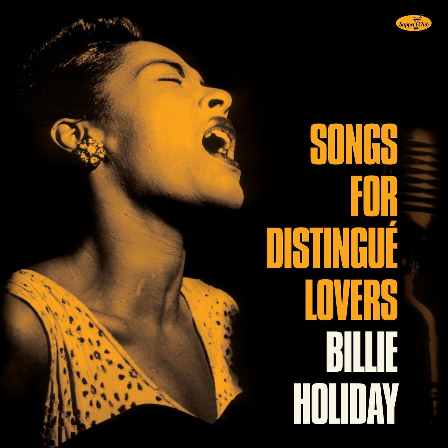 Billie Holiday album cover, portrait with microphone and yellow text.
