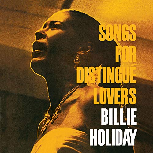 Billie Holiday looking upward on a warm-toned album cover with yellow and white text.