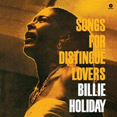 Billie Holiday album cover, profile view, warm yellow tones, text overlay.